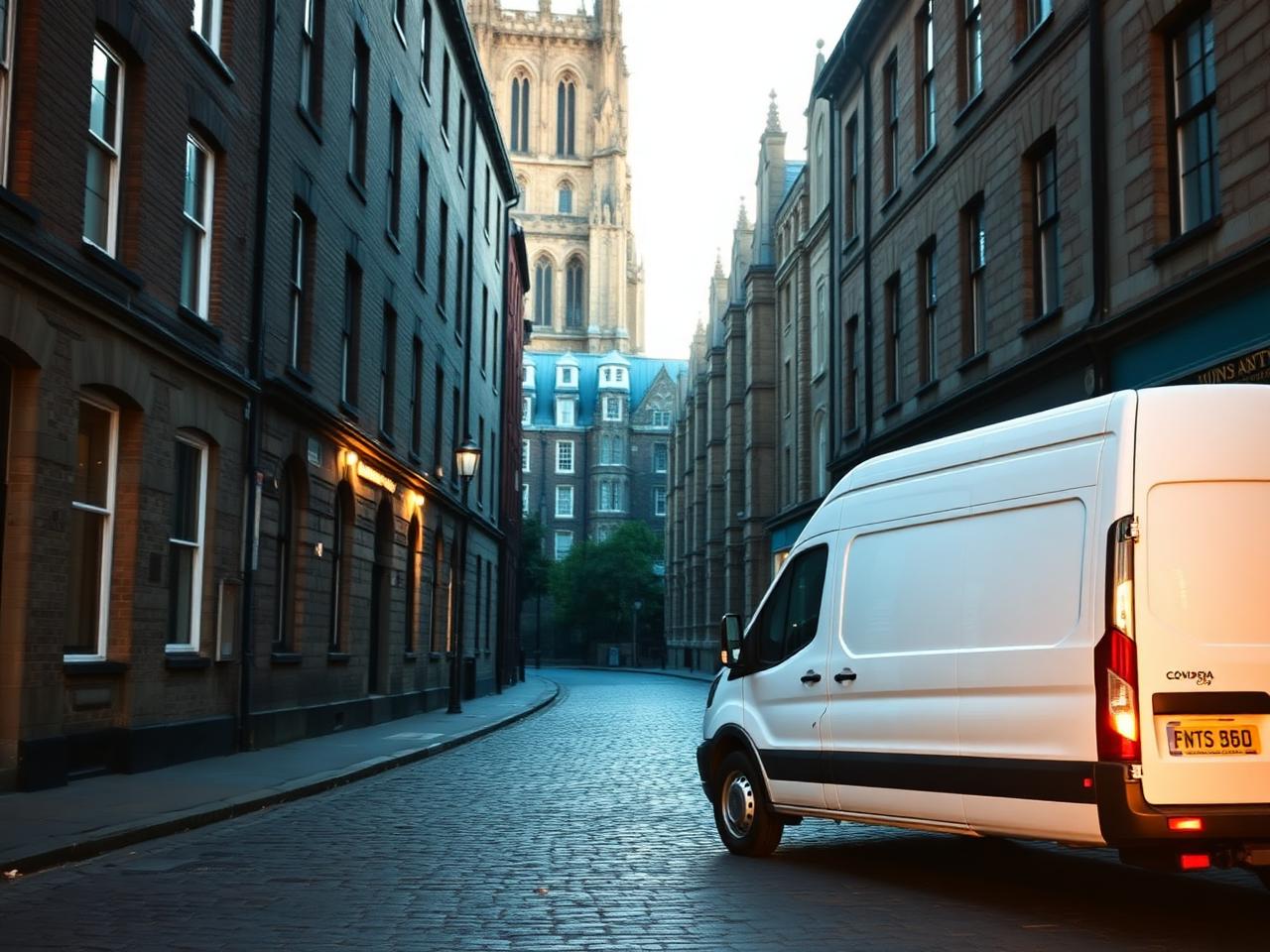 York Dispatch delivery van on a cobbled York street near York Minster